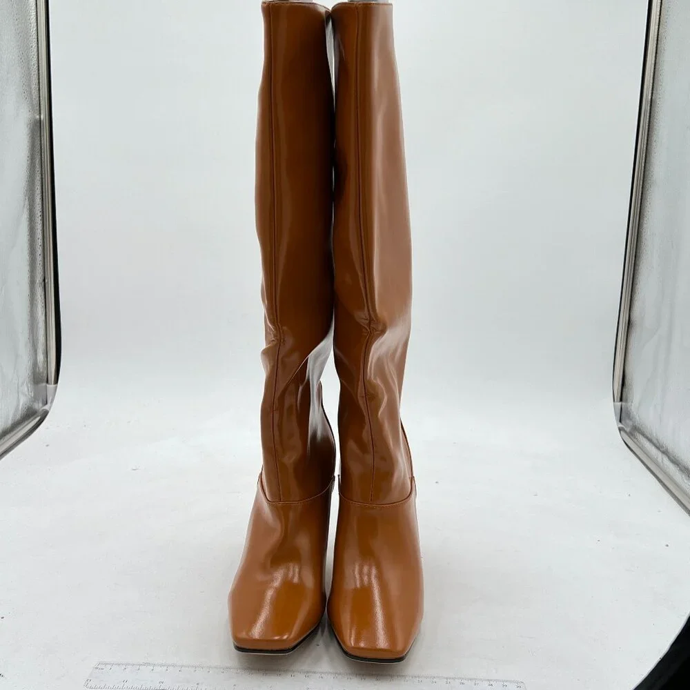 Brown Women Fashion Knee High Long Boot Pull On Square Toe Chunky Heel Fall Shoe